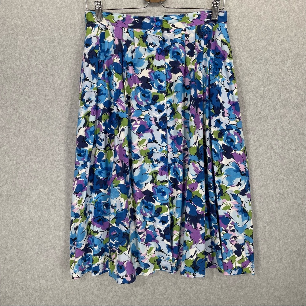 Vintage Floral Print Blue Button Front Midi Skirt